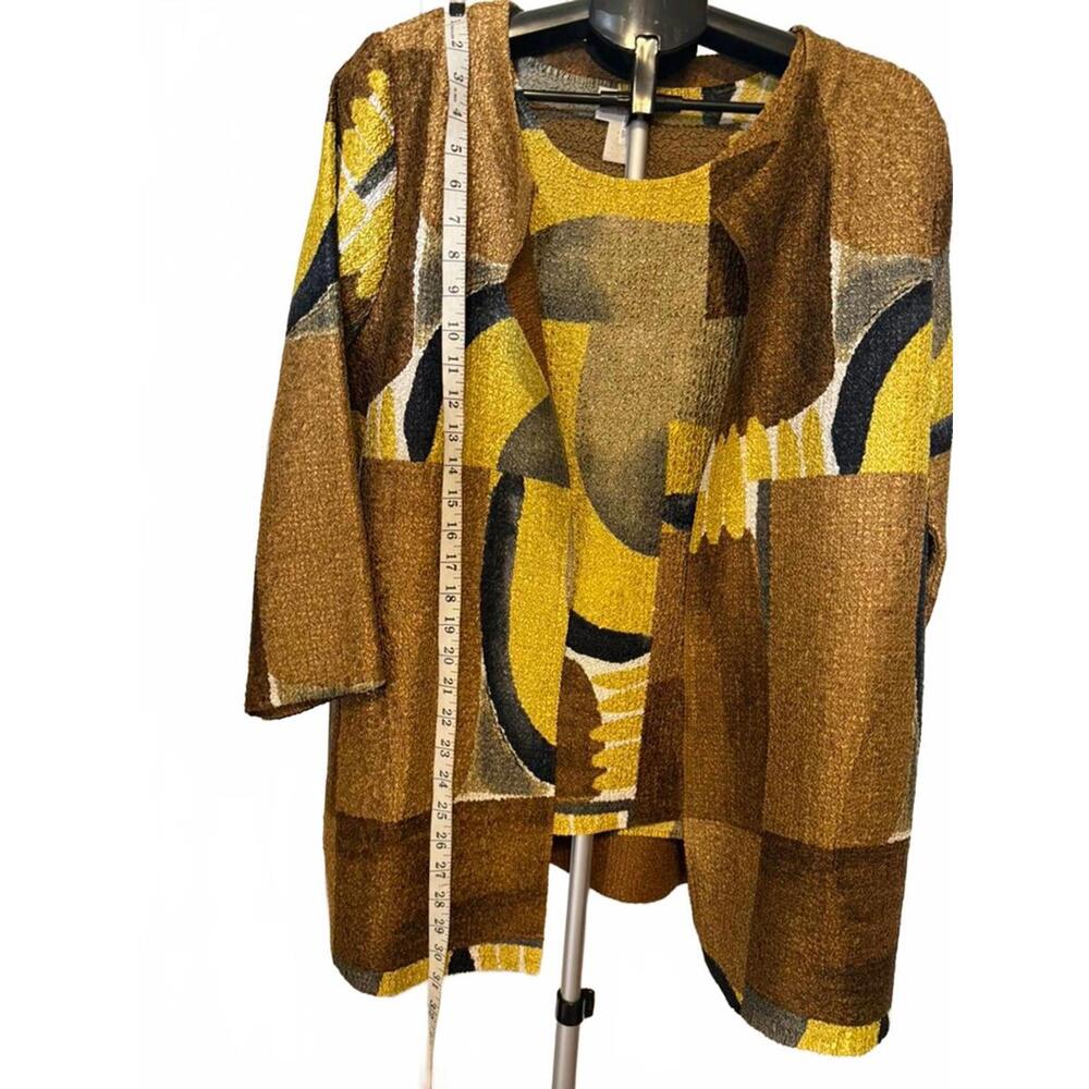 CHICOS CAMI & JACKET TWINSET 2 ABSTRACT BROWN & GOLD BLOUSE 3/4 SLEEVE 12 L NWOT - Picture 7 of 8
